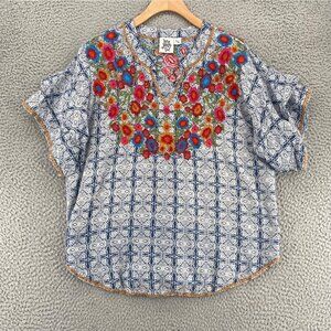 Ivy Jane Top Womens Small Medium Blue Floral Embroidered Short Tiered Sleeves